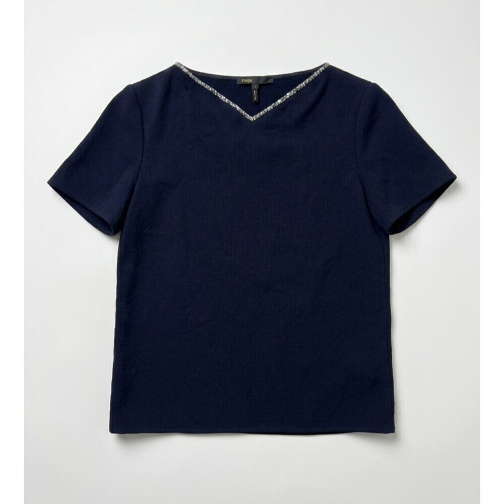 Maje Navy Embellished Neckline Blouse Size 2 (US Medium)